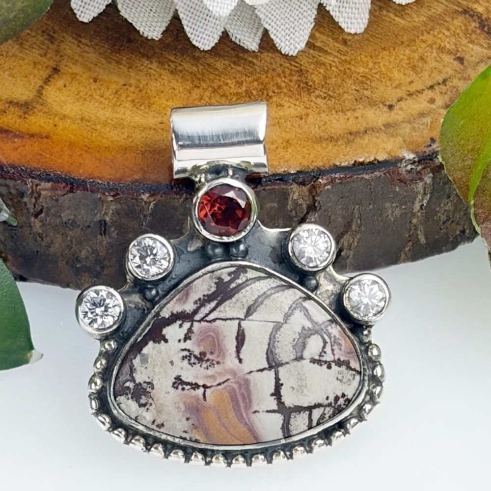 Sterling Silver 925 Garnet & Jasper Pendant Vintage Southwest Boho Style